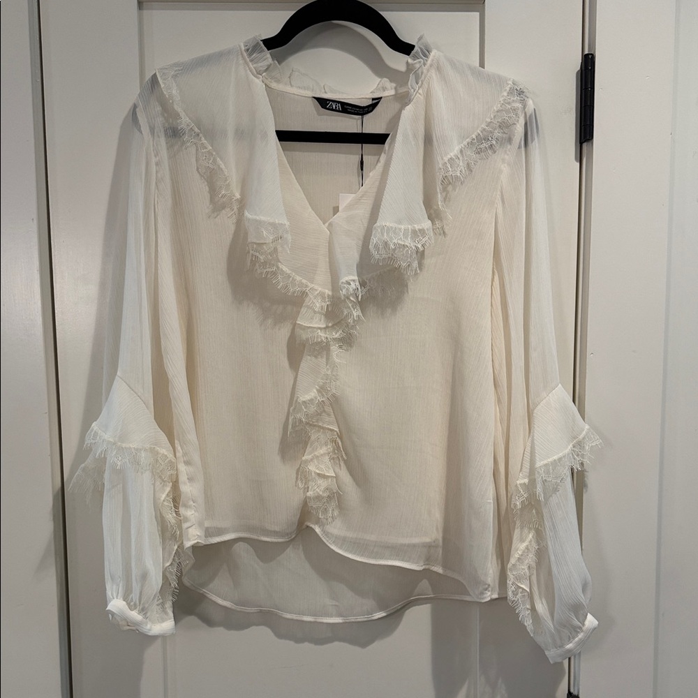 Zara Cream Ruffle V-Neck Blouse